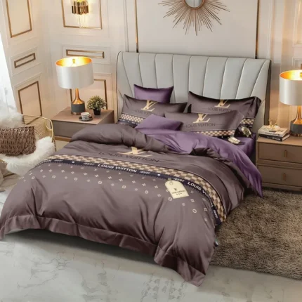 Mauve bedding with gold ornamental motifs and matching decorative accents.