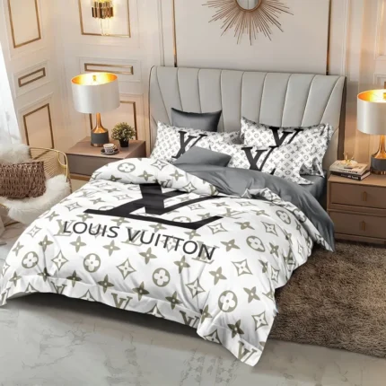 White bedding with beige star-shaped motifs and repeating decorative symbols.