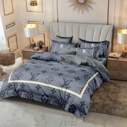 Grey bedding with light star motifs and decorative lettering.