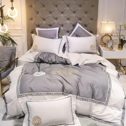 Light Grey King Size Bedding Set with Silver Decorative Border
